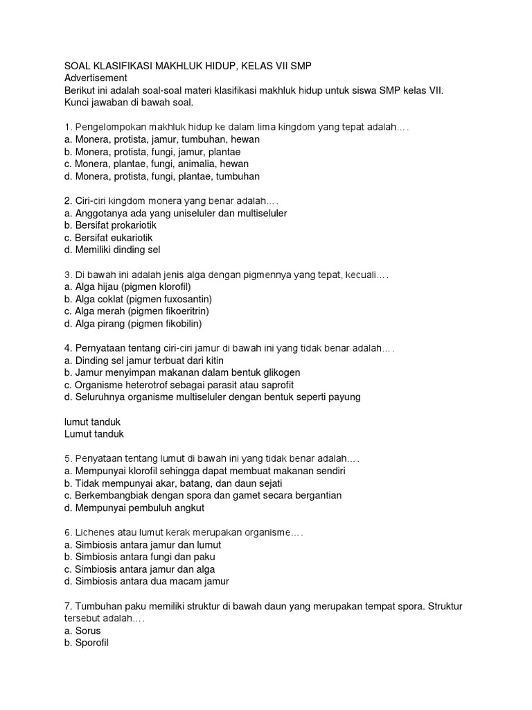Soal Klasifikasi Makhluk Hidup Kelas Vii Smp Docx