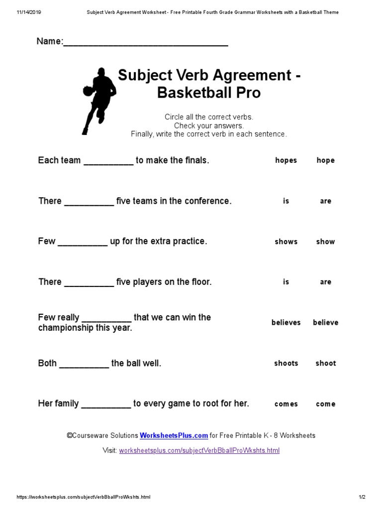 Subject Verb Agreement Worksheet - Free Printable Fourth Grade Grammar