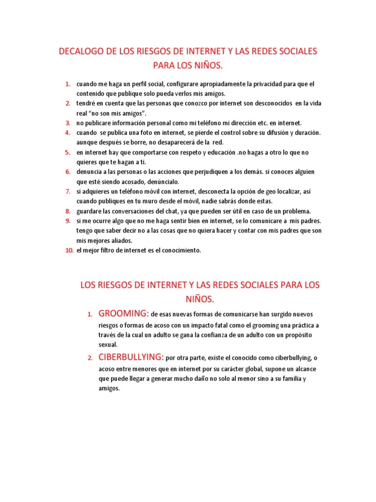 Decálogo de Riesgos en Redes Sociales para Niños | PDF | Acoso ...