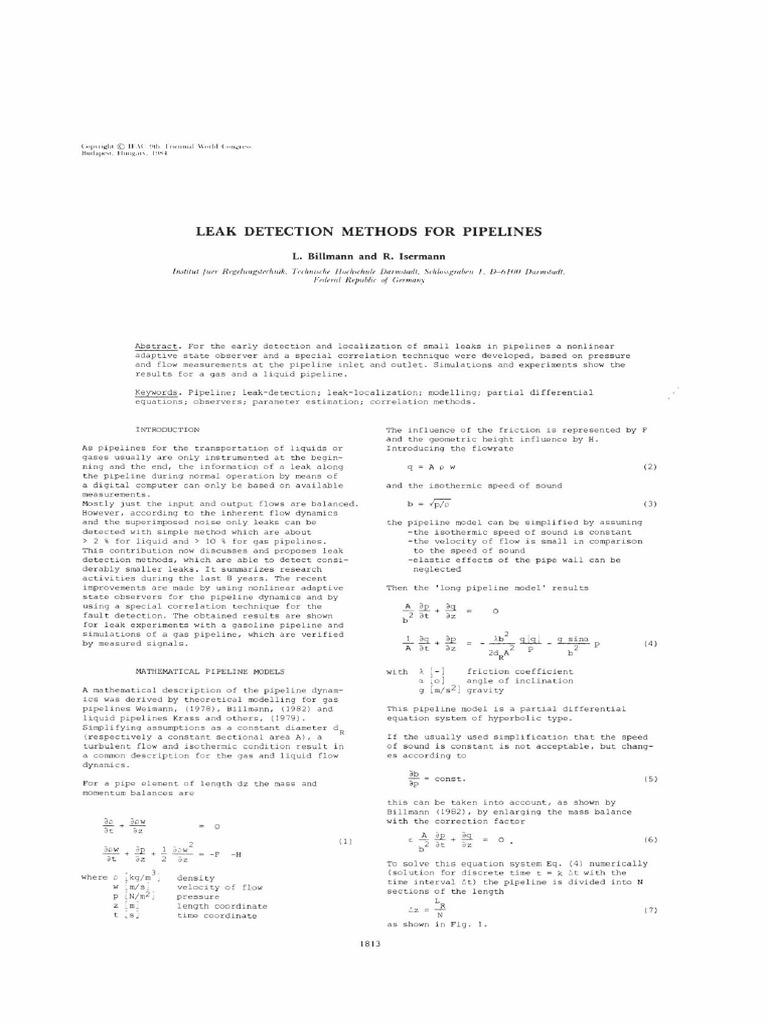 Leak Detection Methods For Pipelines PDF Fluid Dynamics Flow Measurement