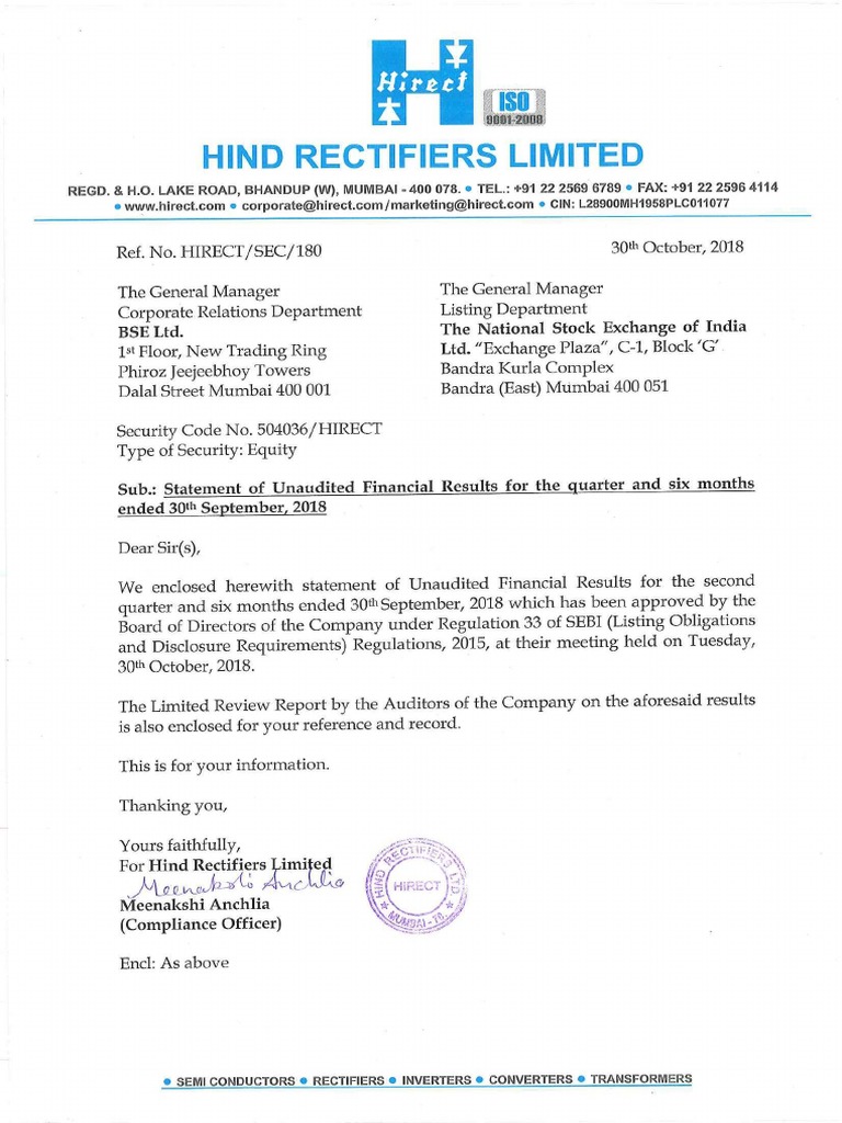 Hind Rectifiers Financial Results for Q2FY19 PDF Expense Accounting