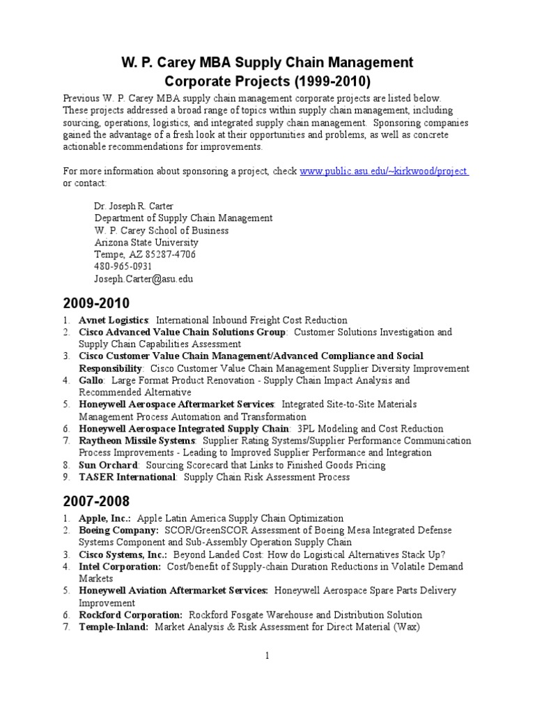 ASU MBA Supply Chain Management Projects (2001-02) | PDF