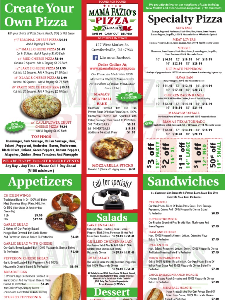 Mama Fazio's Pizza Menu & Delivery Options | PDF | Pizza | Sausage