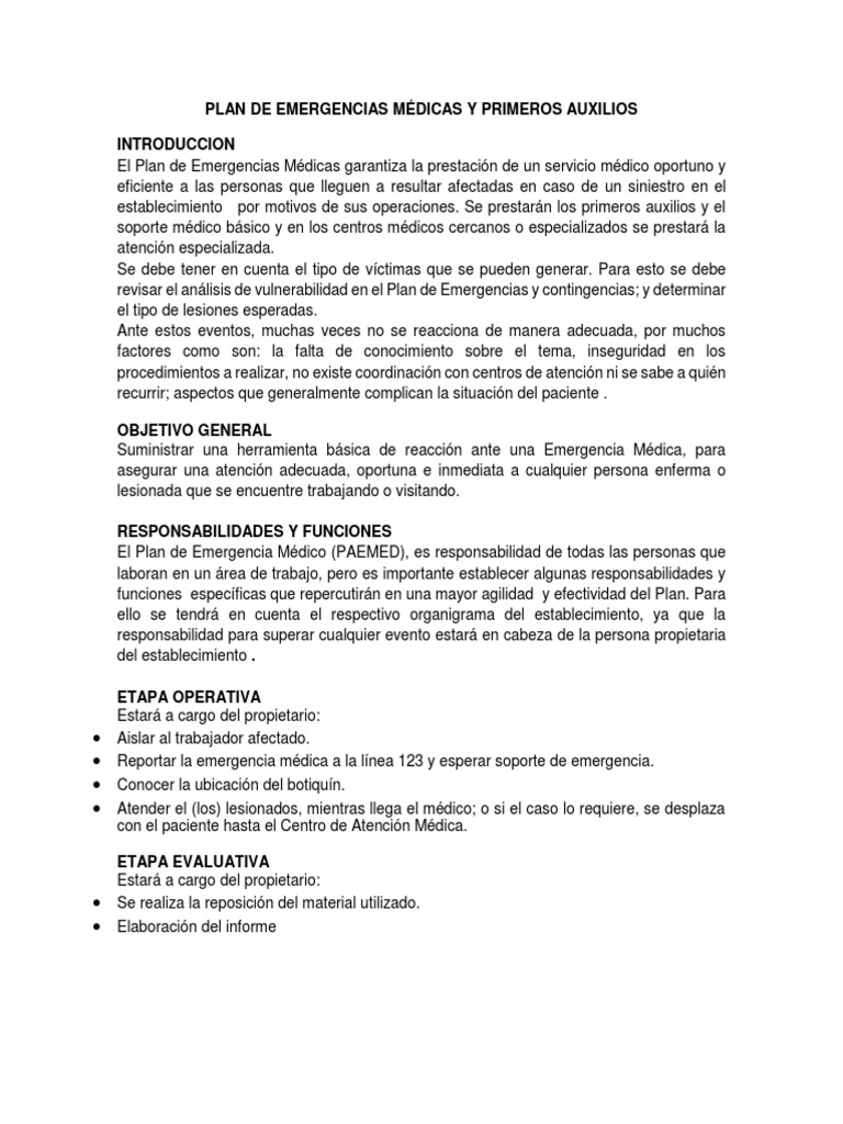 Plan de Emergencias Médicas y Primeros Auxilios | PDF | Herida ...