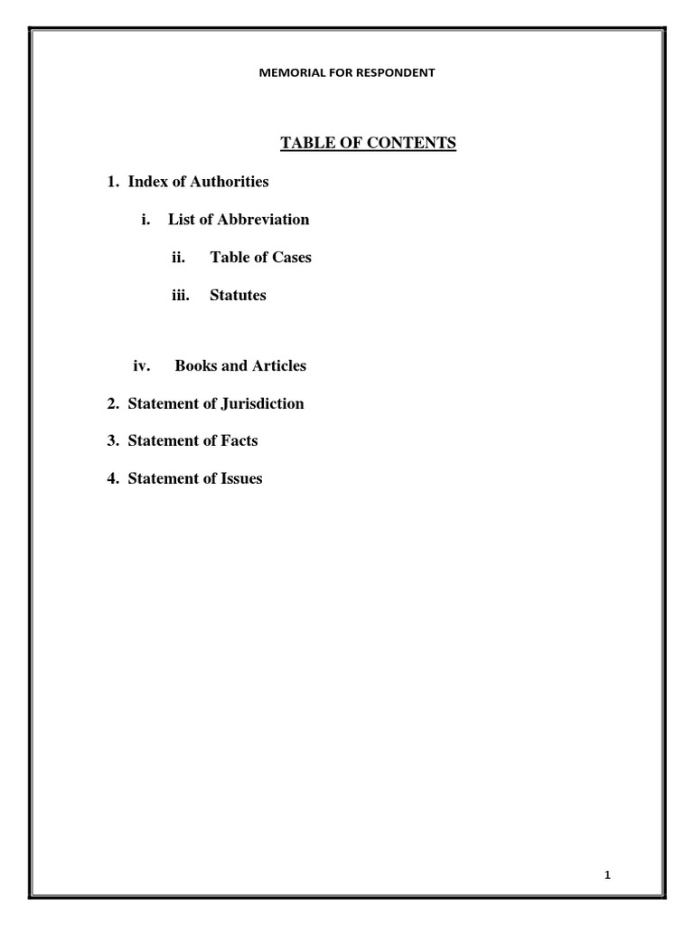 Index of Authorities I. List of Abbreviation Ii. Table of Cases Iii