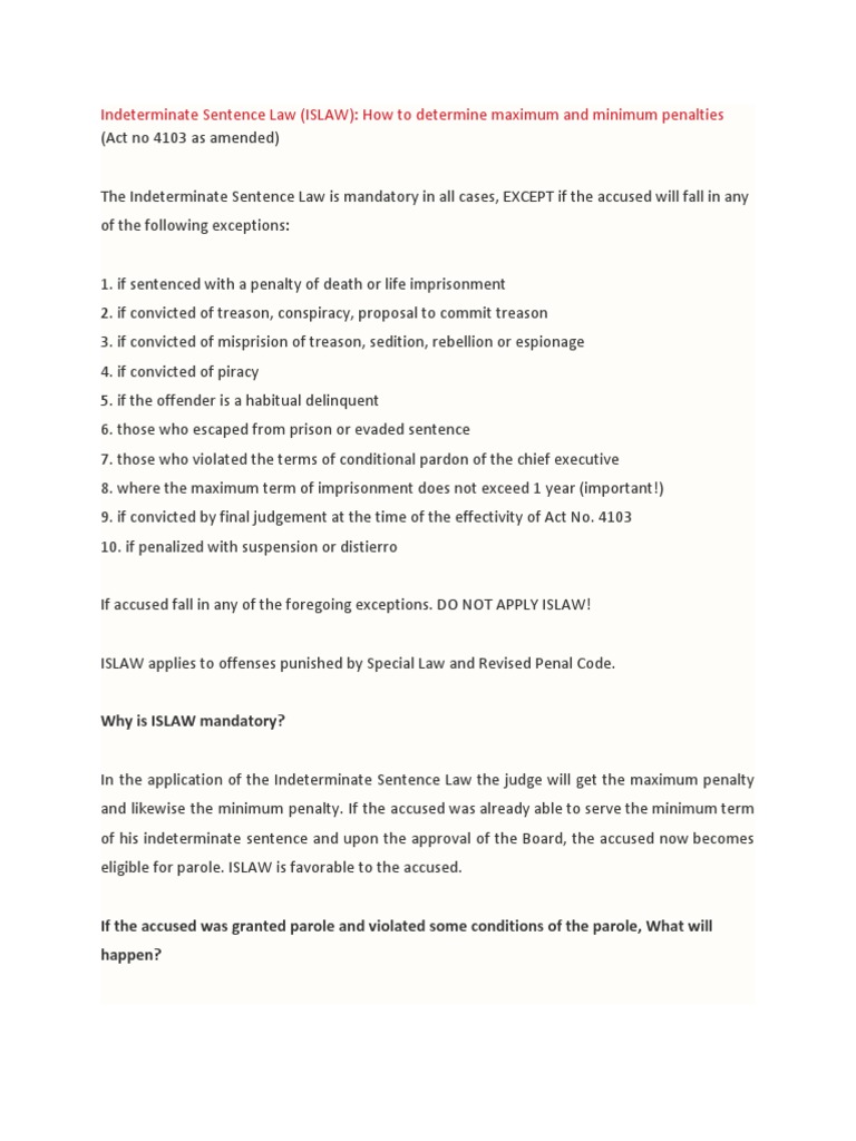 Indeterminate Sentence Law (ISLAW) | PDF | Sentence (Law) | Parole