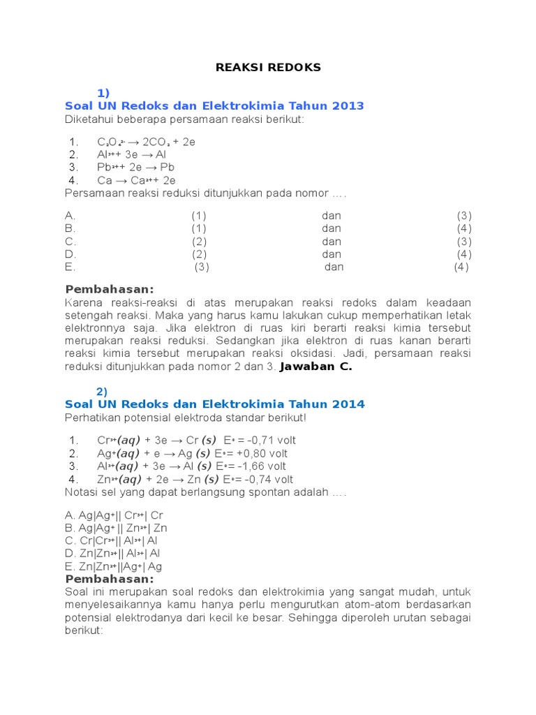 1 Soal Un Redoks Dan Elektrokimia Tahun 2013