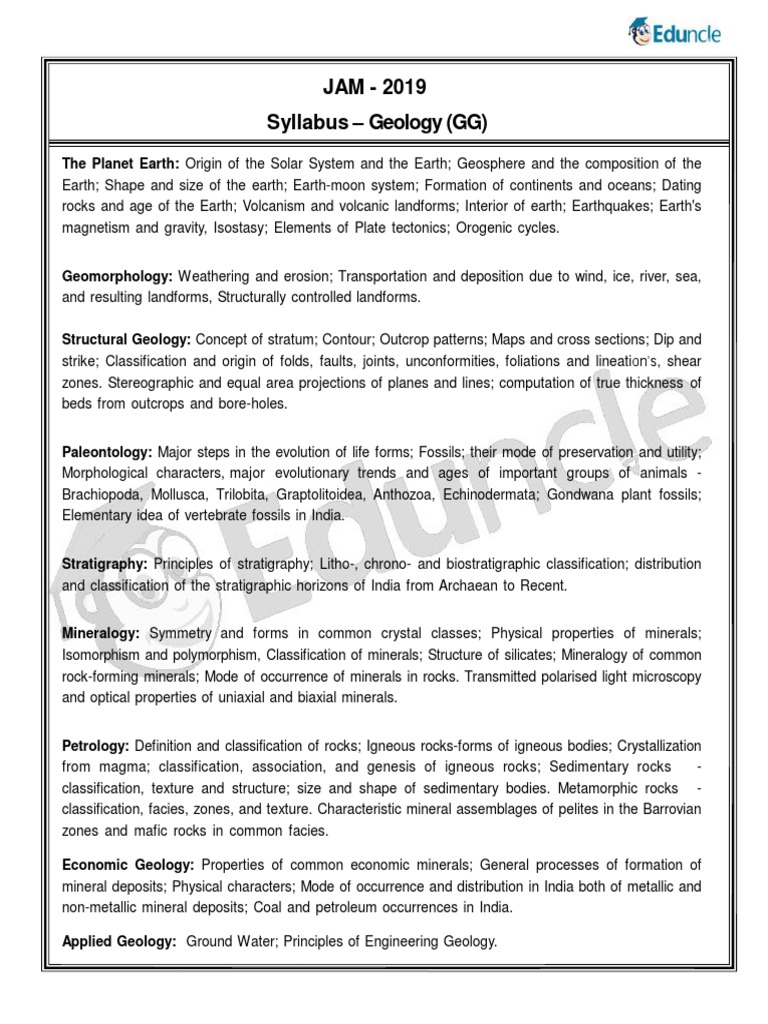JAM - 2019 Syllabus - Geology (GG) | PDF | Geology | Rock (Geology)