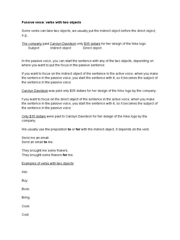 Passive Voice with Two Objects Explained | PDF | Object (Grammar ...