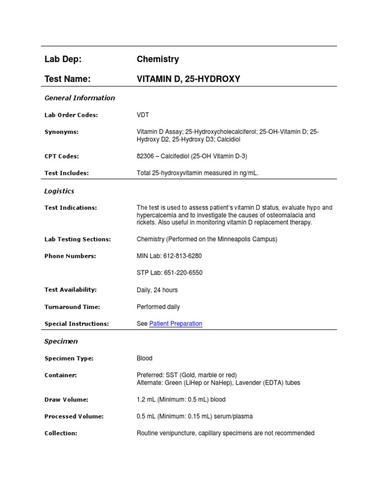 Lab Dep Chemistry Test Name Vitamin D, 25Hydroxy General