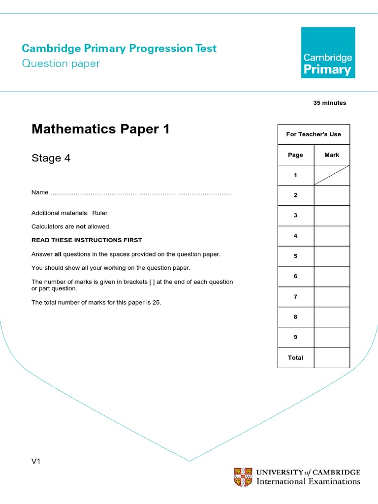 Primary Progression Test - Stage 4 Math Paper 1 | PDF | Teaching ...