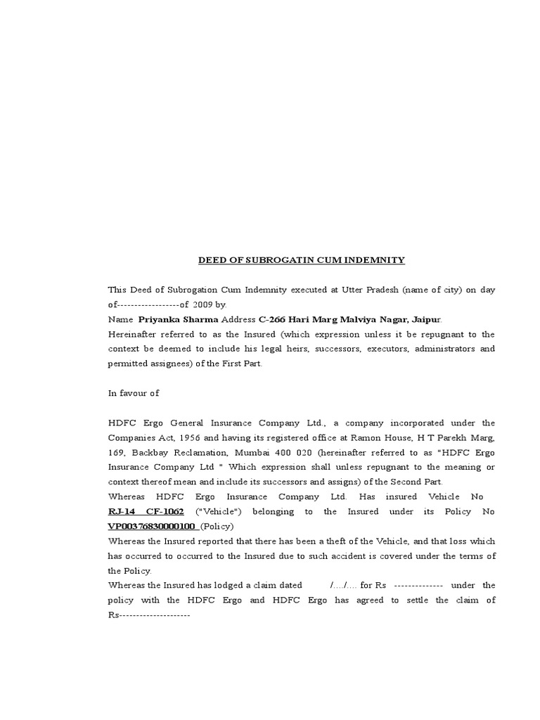 Deed of Subrogatin Cum Indemnity PDF Subrogation Insurance