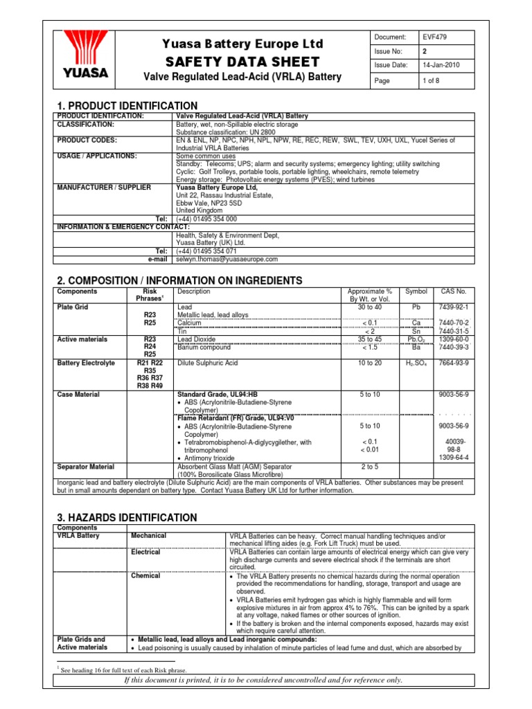 Safety Data Sheet Yuasa Battery Europe LTD PDF Lead Solid