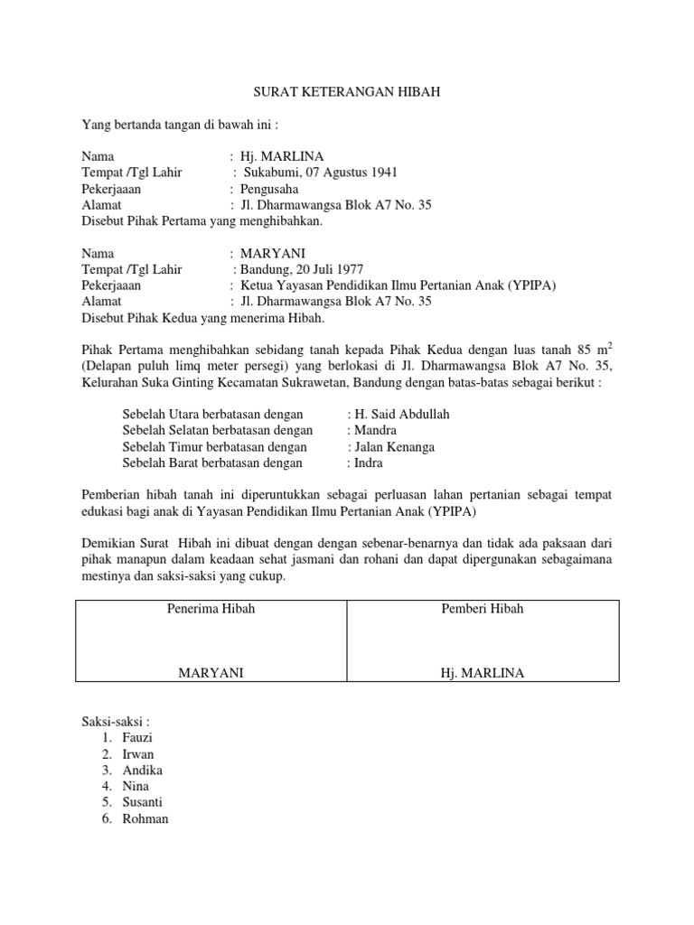 Surat Hibah Tanah Kepada Yayasan Pendidikan Docx