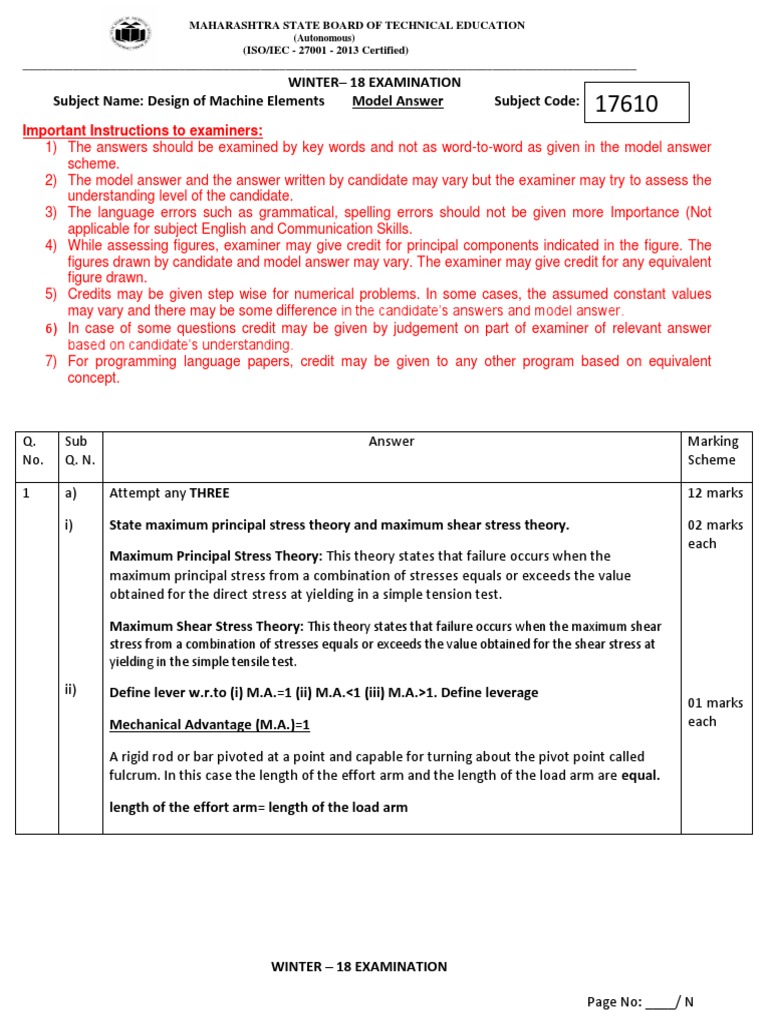 2018 Winter Model Answer Paper | PDF | Lever | Nut (Hardware)