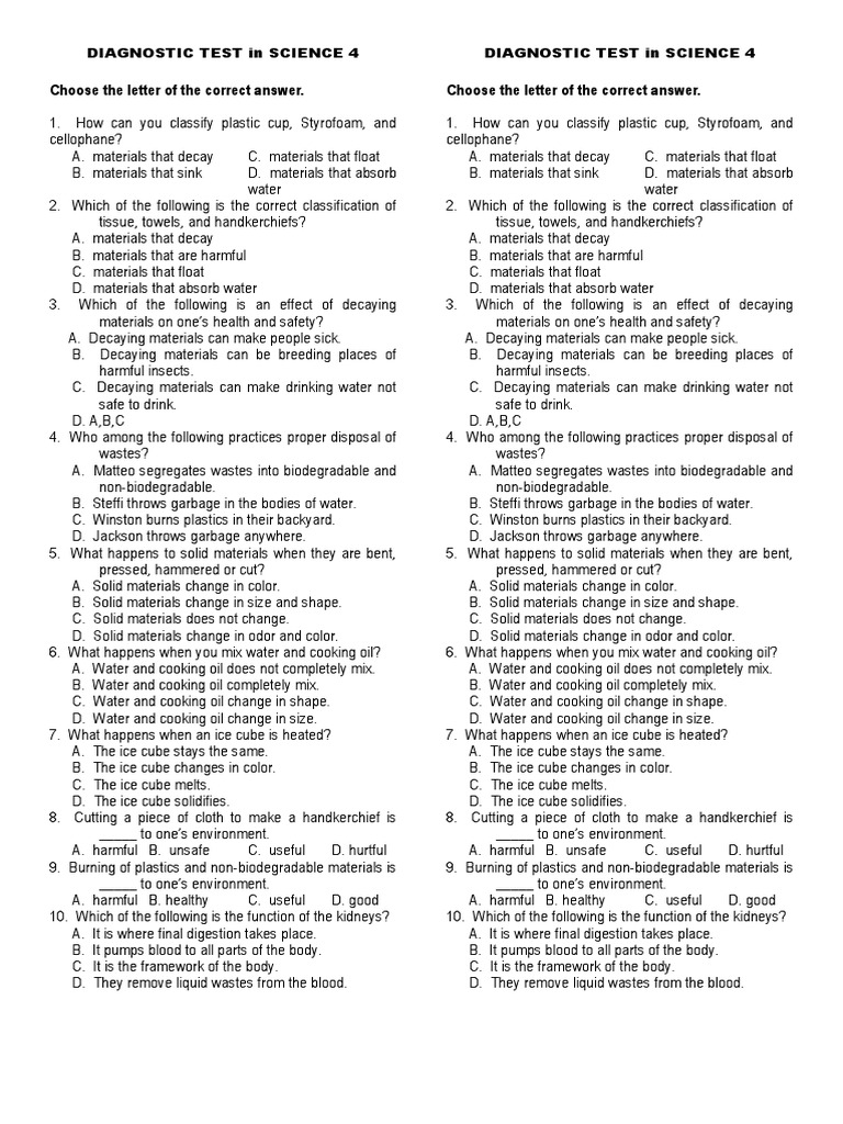 Diagnostic Test in Science 4 | PDF | Ice | Diet (Nutrition)