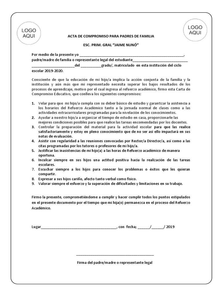 Acta de Compromiso para Padres de Familia | PDF | Educación primaria ...