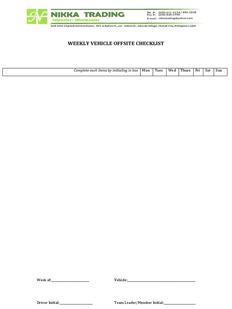 Weekly Vehicle Offsite Checklist: Complete Each Items by Initialing in ...