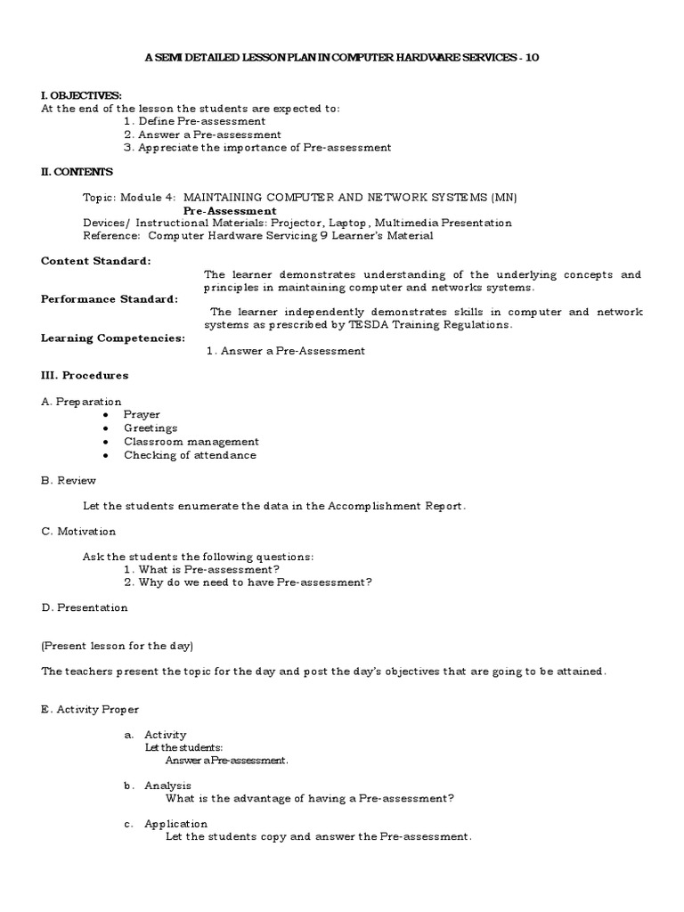 Computer Hardware Services Lesson Plan | PDF | Education Theory ...