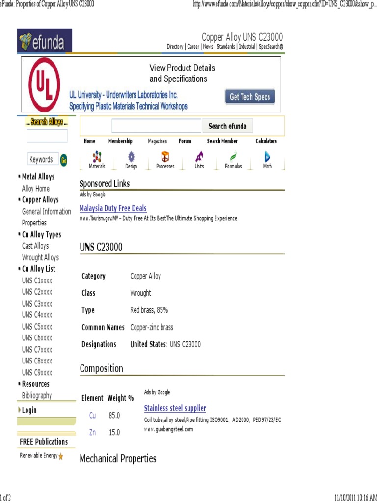 Copper Alloy UNS C23000: Sponsored Links | PDF | Alloy | Copper