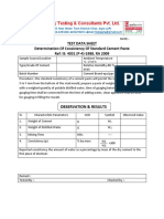Test Data Sheet Determination of Consistency of Standard Cement Paste Ref: IS: 4031 (P-4) - 1988, RA 2009