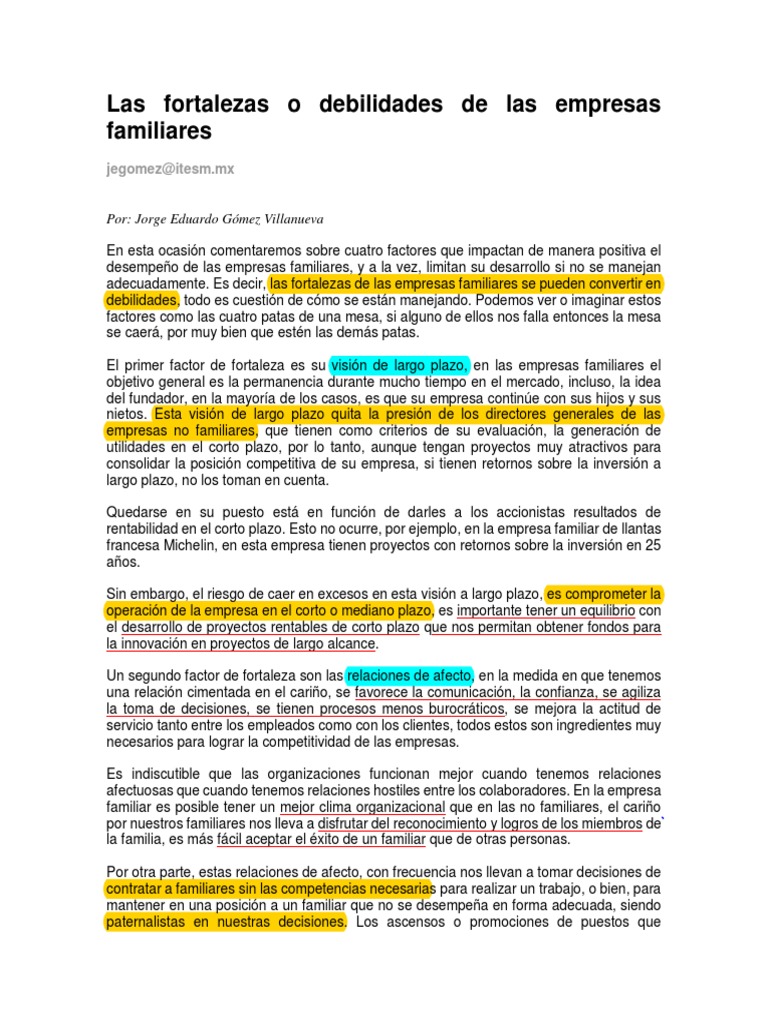 Las Fortalezas o Debilidades de Las Empresas Familiares | PDF ...