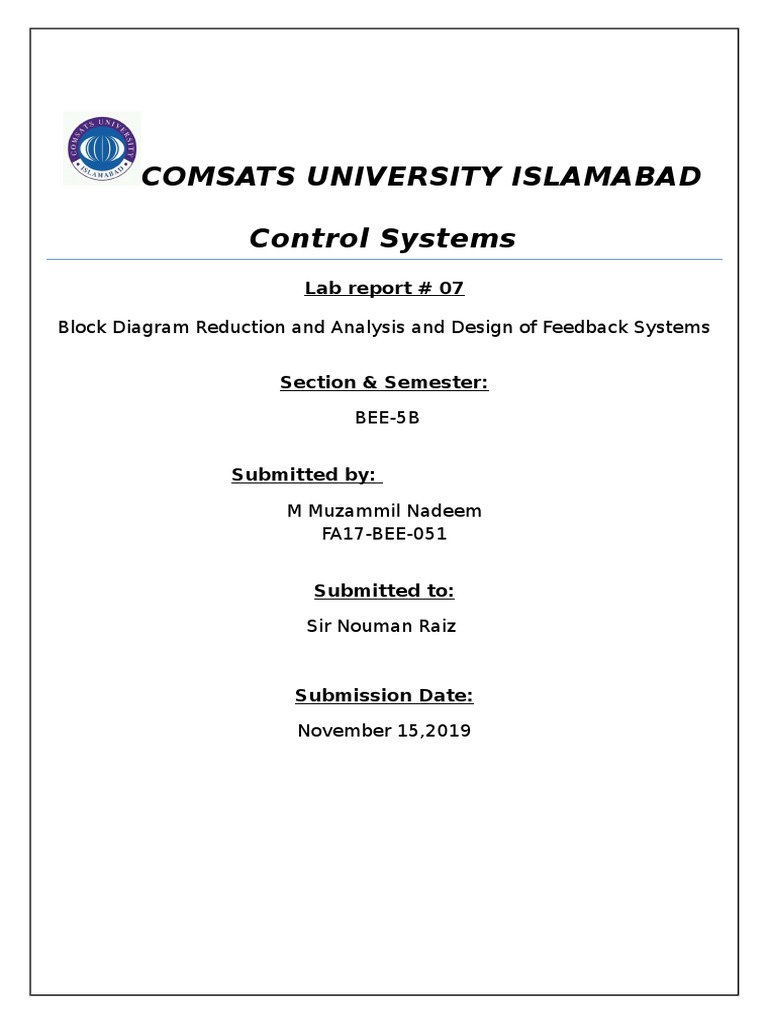 Comsats University Islamabad Control Systems: Lab Report # 07 | PDF ...