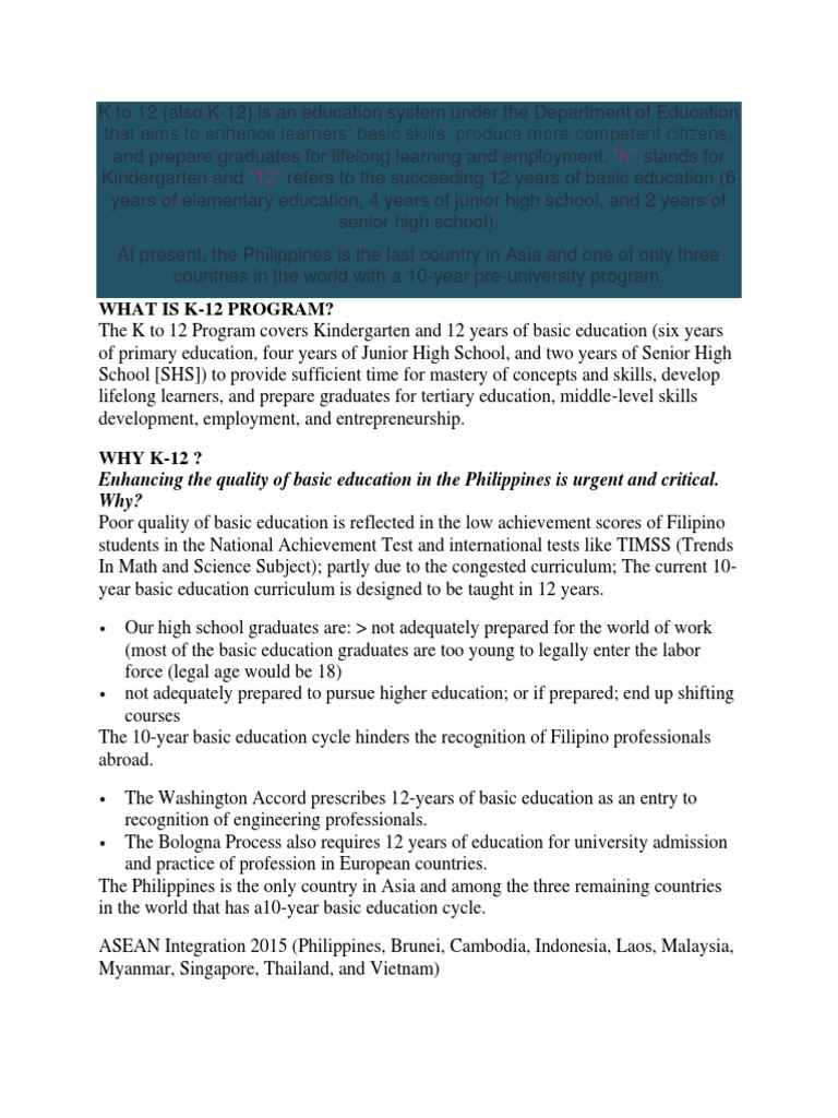 What Is K12 Program? Enhancing The Quality of Basic Education in The