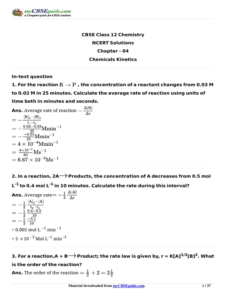Class 12 Chemical Kinetics Solutions | PDF | Reaction Rate | Reaction ...