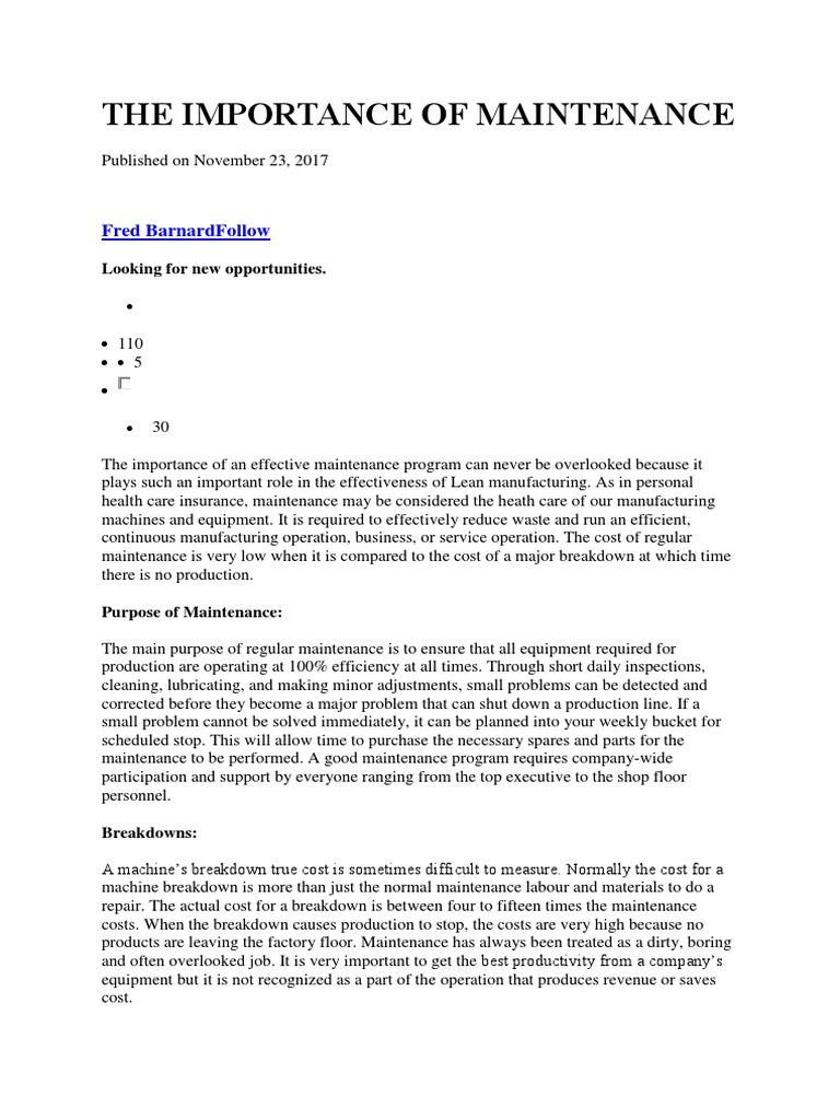 Importance of Maintenance in Manufacturing | PDF | Business ...
