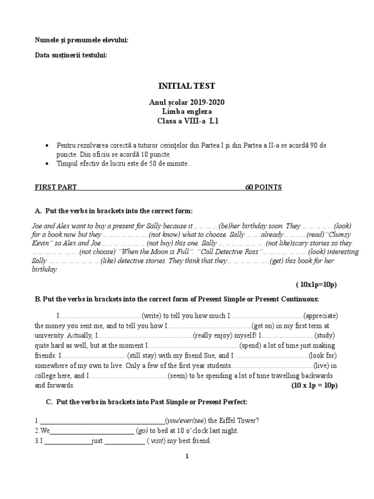 English Test Initial CL 8 | PDF | Art
