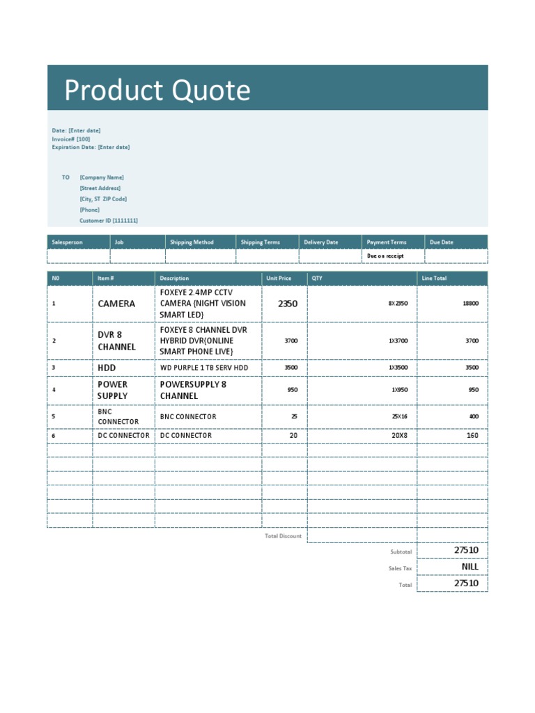 CCTV Product Quotation Template | PDF | Receipt | Services (Economics)