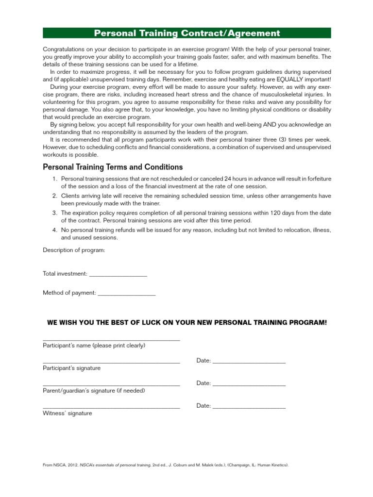 Personal Training Contract Agreement | PDF | Personal Trainer | Risk