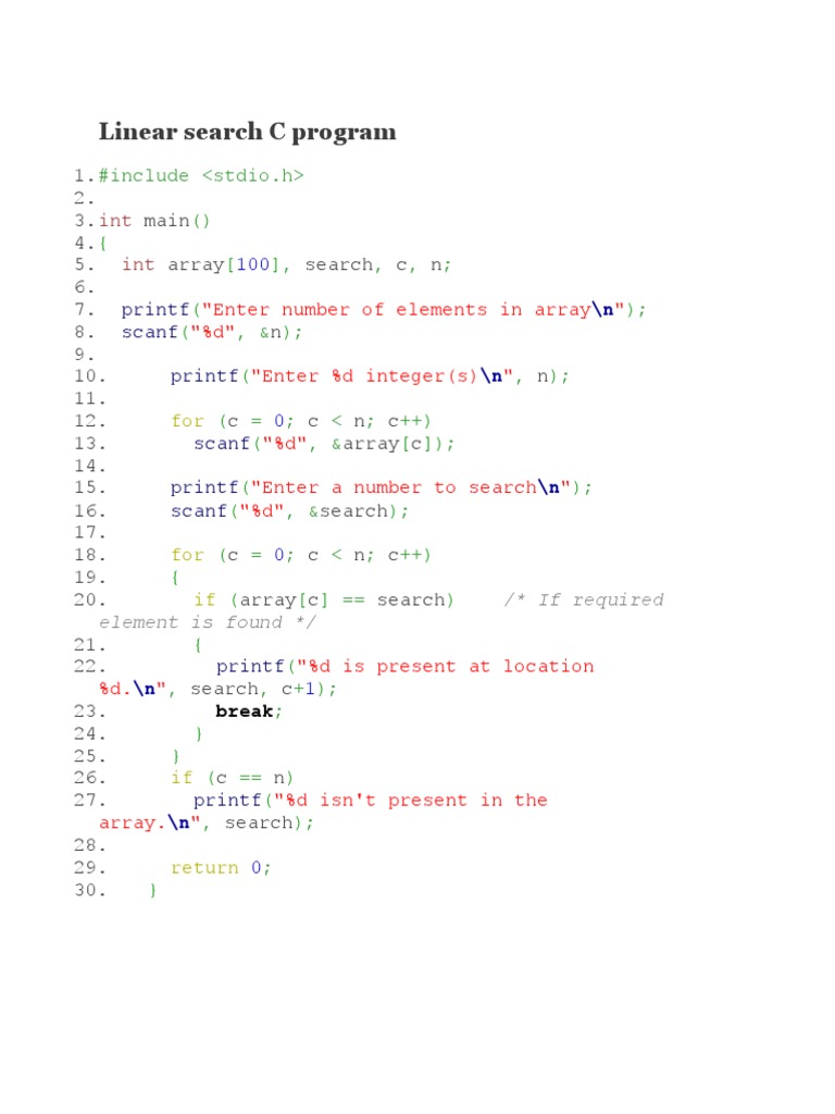 Linear Search C Program: #Include | PDF | Array Data Structure ...