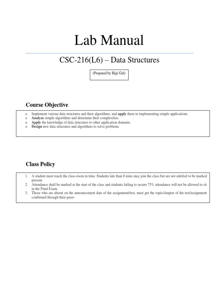 Lab Manual: CSC-216 (L6) - Data Structures | PDF | Array Data Structure ...