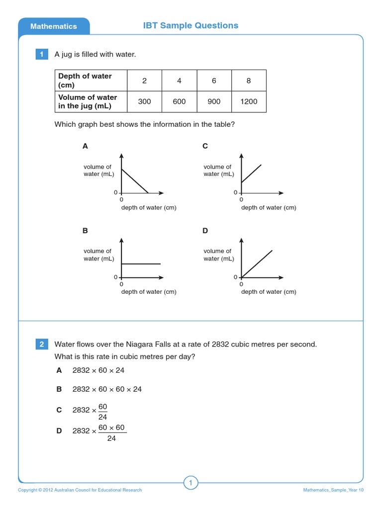 IBT Sample Questions: Depth of Water (CM) Volume of Water in The Jug ...