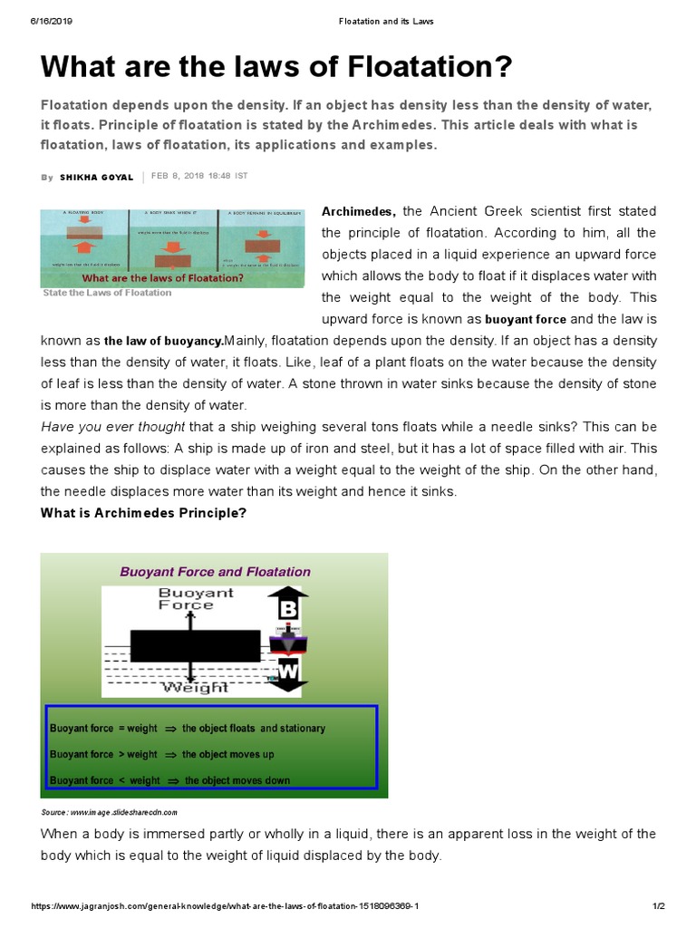 Floatation and Its Laws PDF | PDF | Buoyancy | Density