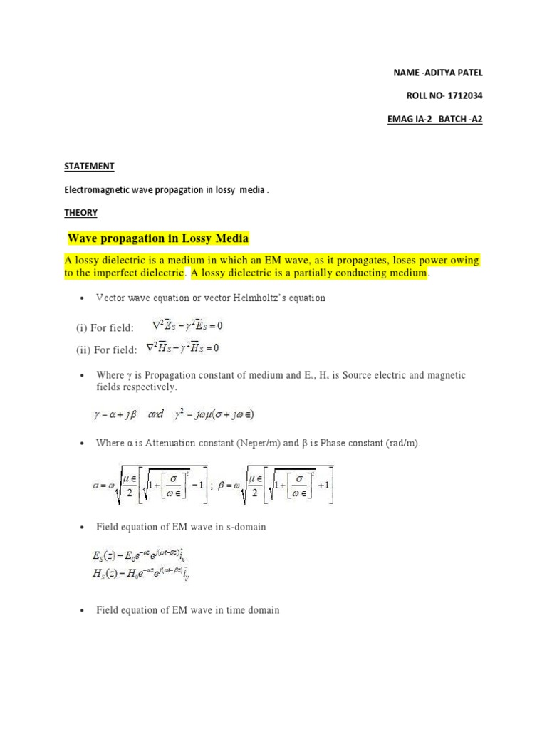 Wave Propagation in Lossy Dielectrics | PDF