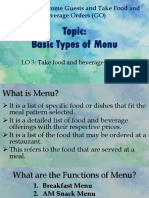 Topic: Basic Types of Menu: Lesson 2: Welcome Guests and Take Food and Beverage Orders (GO)