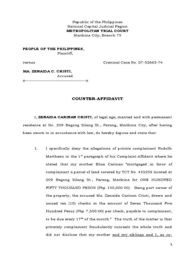 Metropolitan Trial Court: Counter-Affidavit | PDF