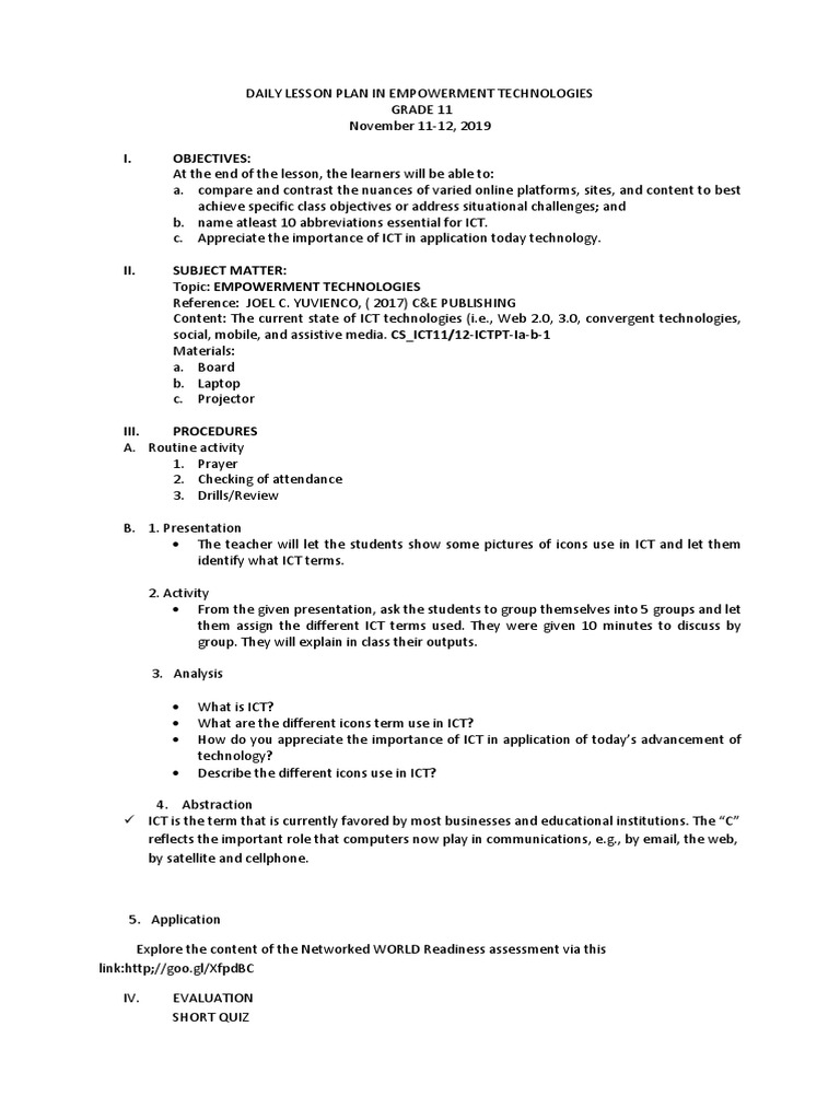 Daily Lesson Plan in Empowerment Technologies | PDF | Educational ...