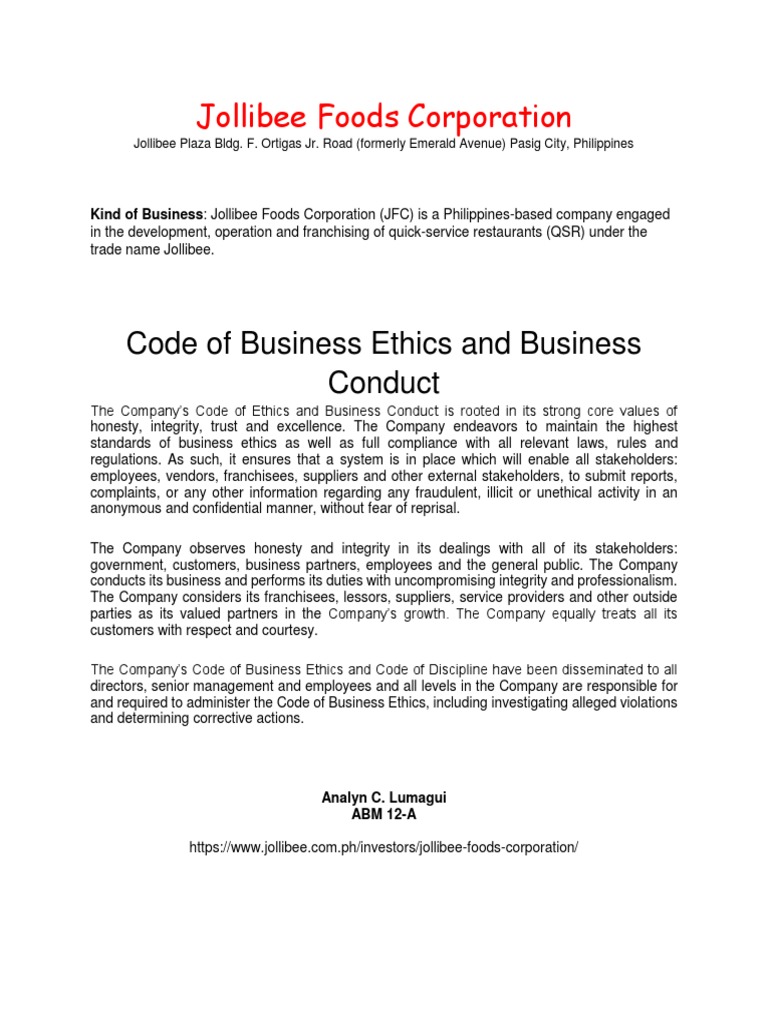Jollibee code of ethics image