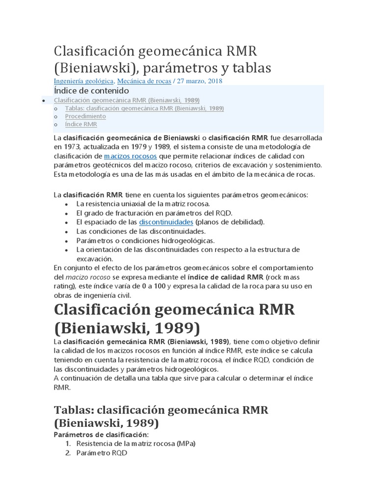 Clasificación geomecánica RMR (Bieniawski), parámetros y tablas ...