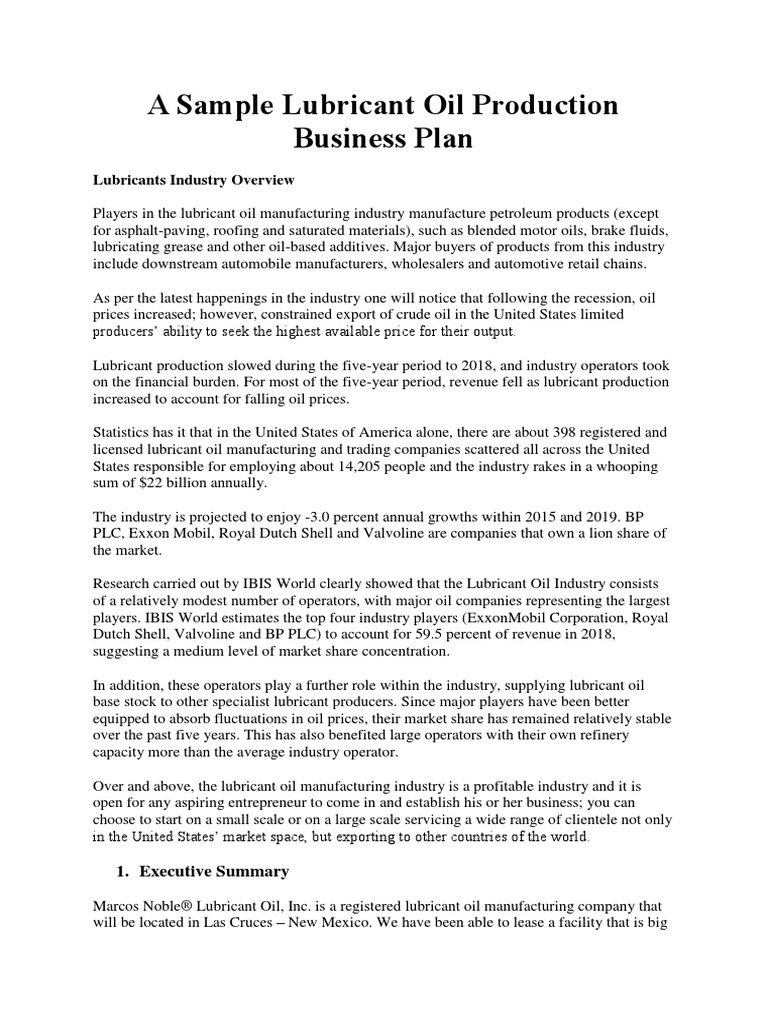 Business Plan Lubricants Trading & Wholeselling PDF Human