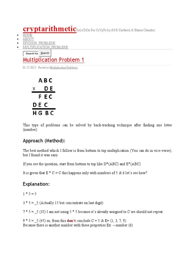 Cryptarithmetic Problems | PDF | Multiplication | Mathematical Concepts