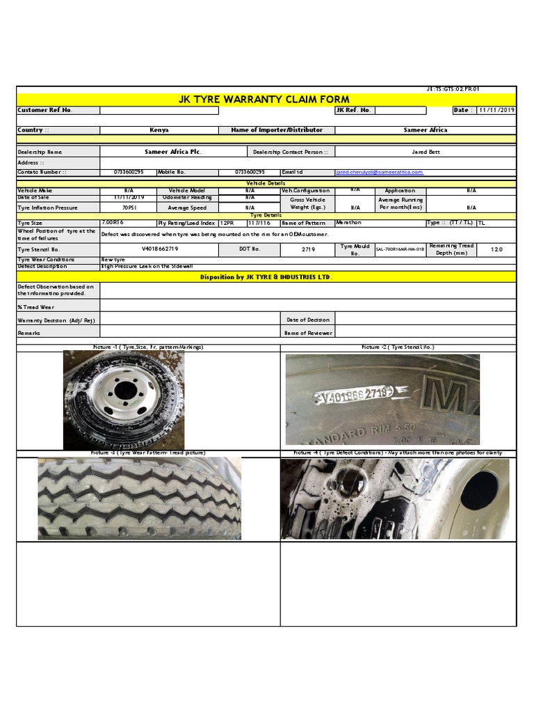 Warranty Claim Form1 Marathon PDF Tire Vehicle Parts