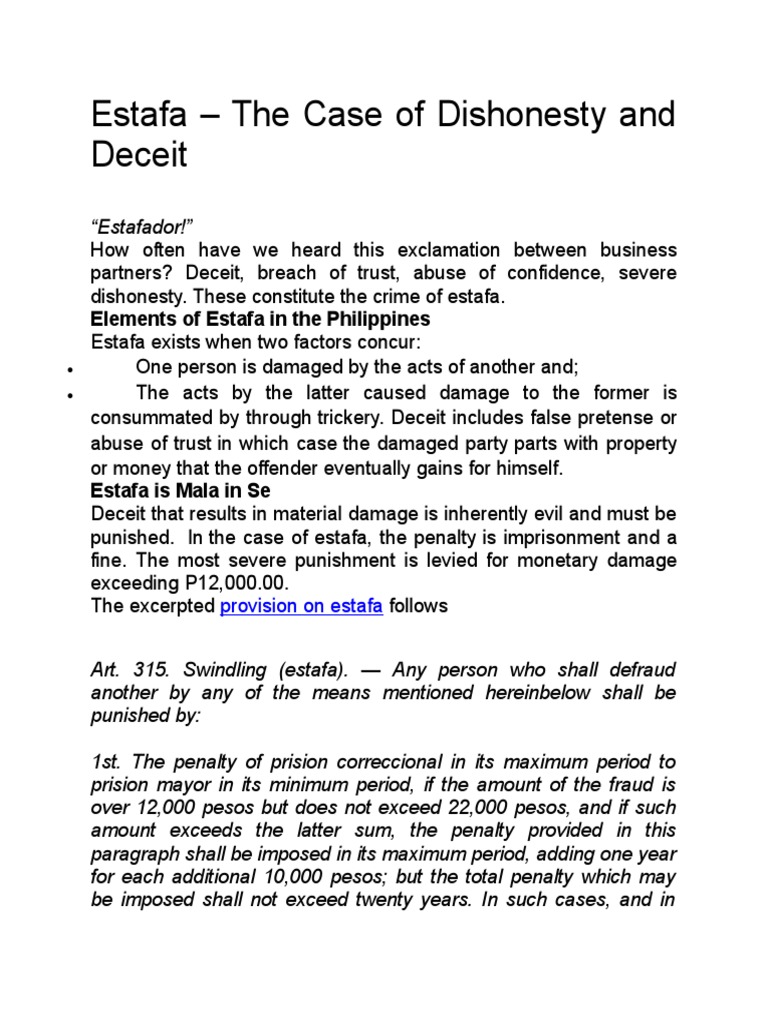 Estafa The Case of Dishonesty and Deceit PDF Fraud Reasonable Doubt