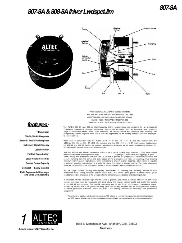 Altec Lansing 807-8A User Manual | PDF | Loudspeaker | Audio