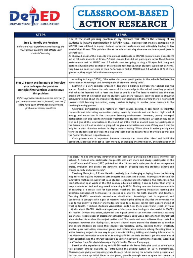 Classroom Based Action Research - Badeth | PDF | Learning | Action Research
