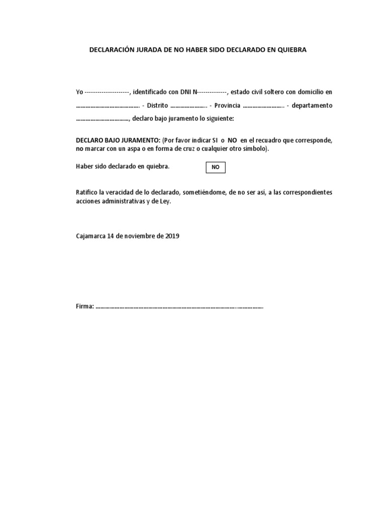 Declaración Jurada de No Haber Sido Declarado en Quiebra SUNARP | PDF